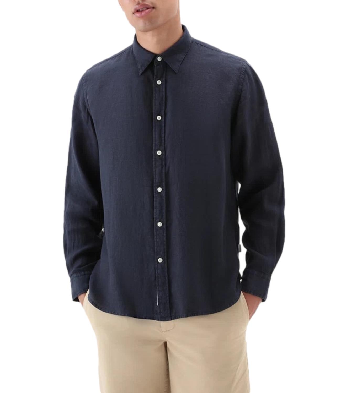 Camicia Woolrich Band collar linen shirt maritime blue