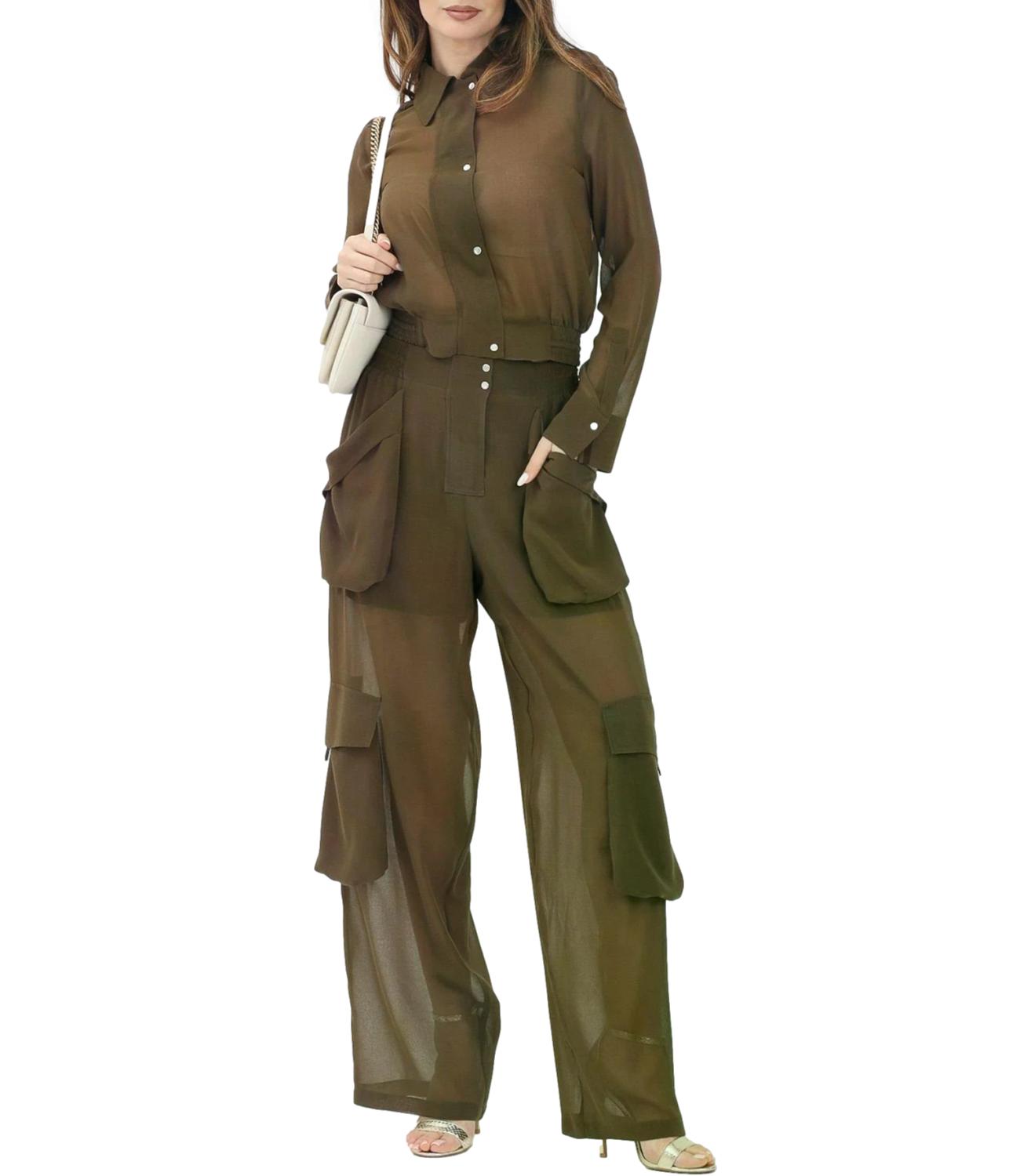 Pantaloni cargo in georgette trasparente marrone
