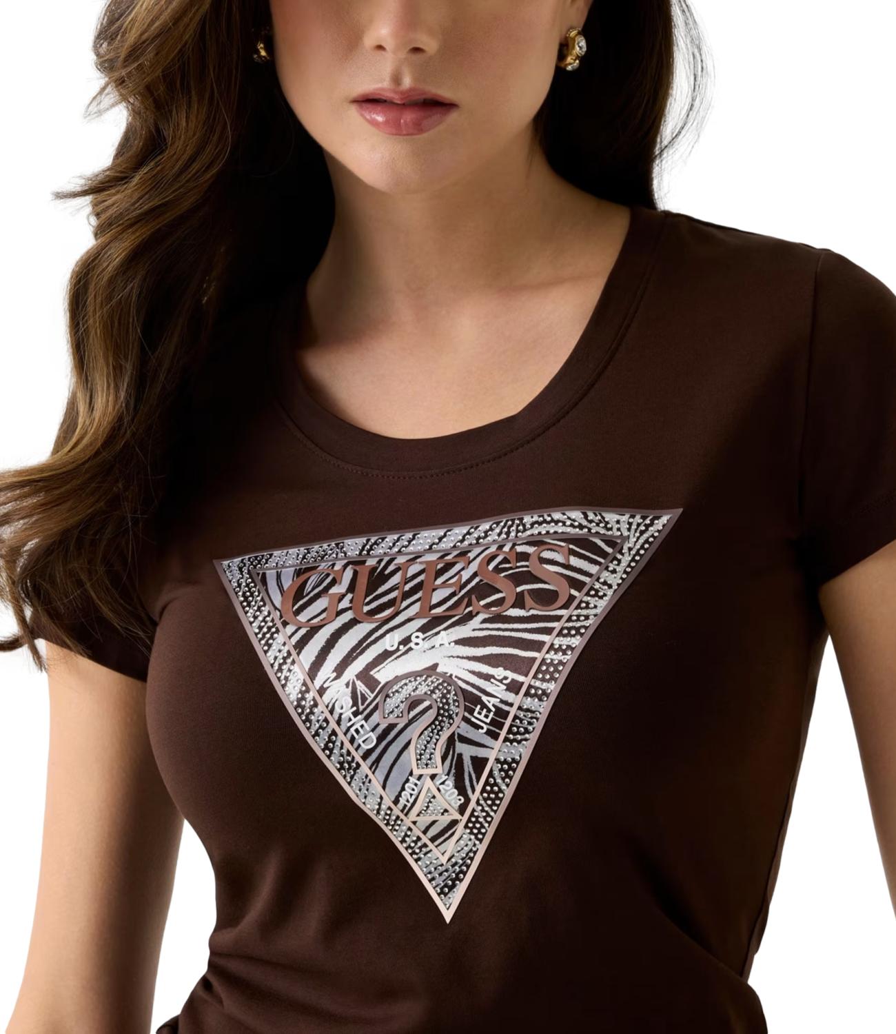 Guess T-shirt Zebra Triangle Tee Regal Brown Donna