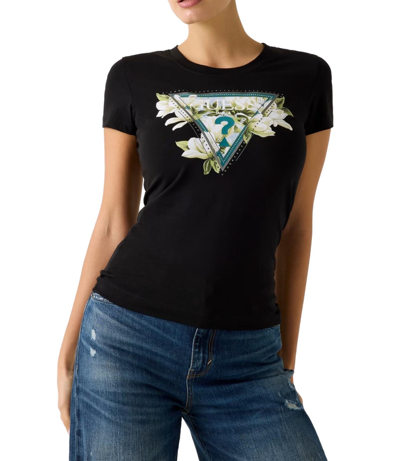 GUESS t-shirt Ss Cn Camelia Triangle Tee nera donna