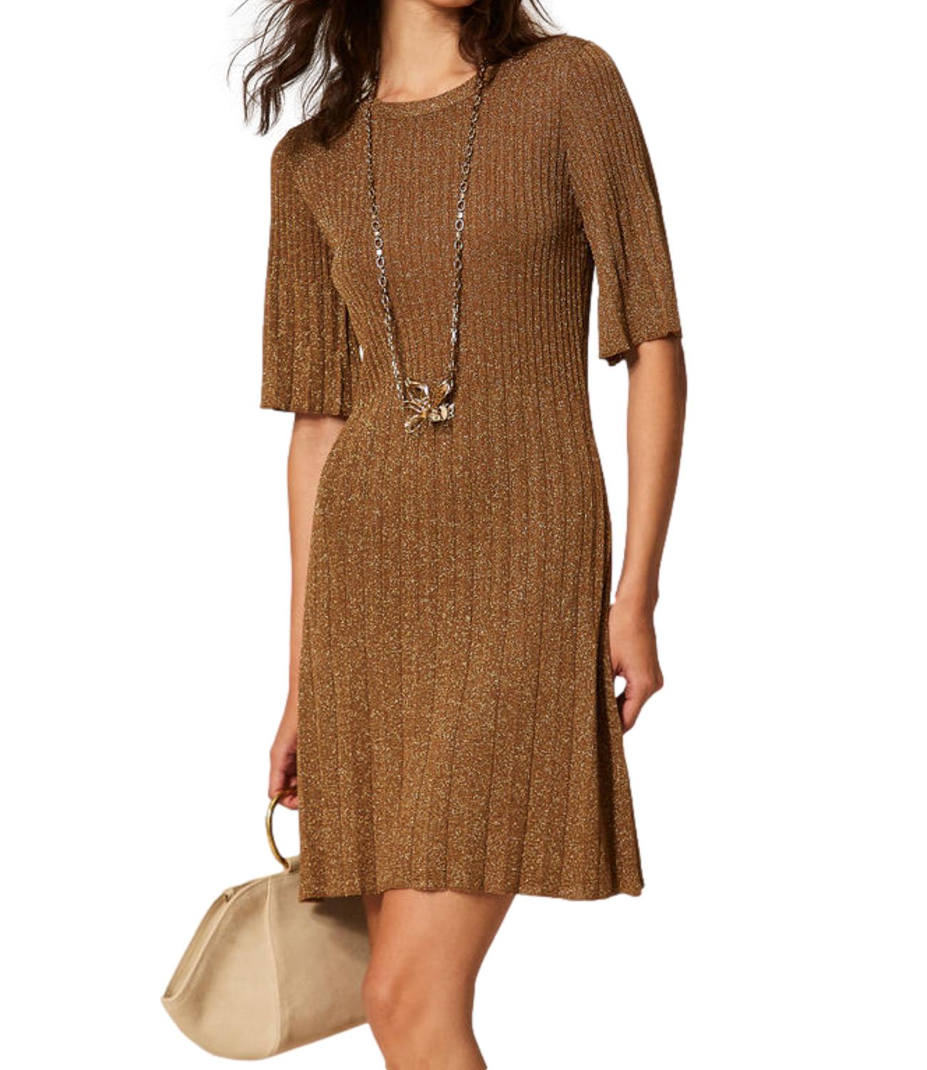 Twinset Abito Marrone "Bubinga Wood" Lurex Oro donna