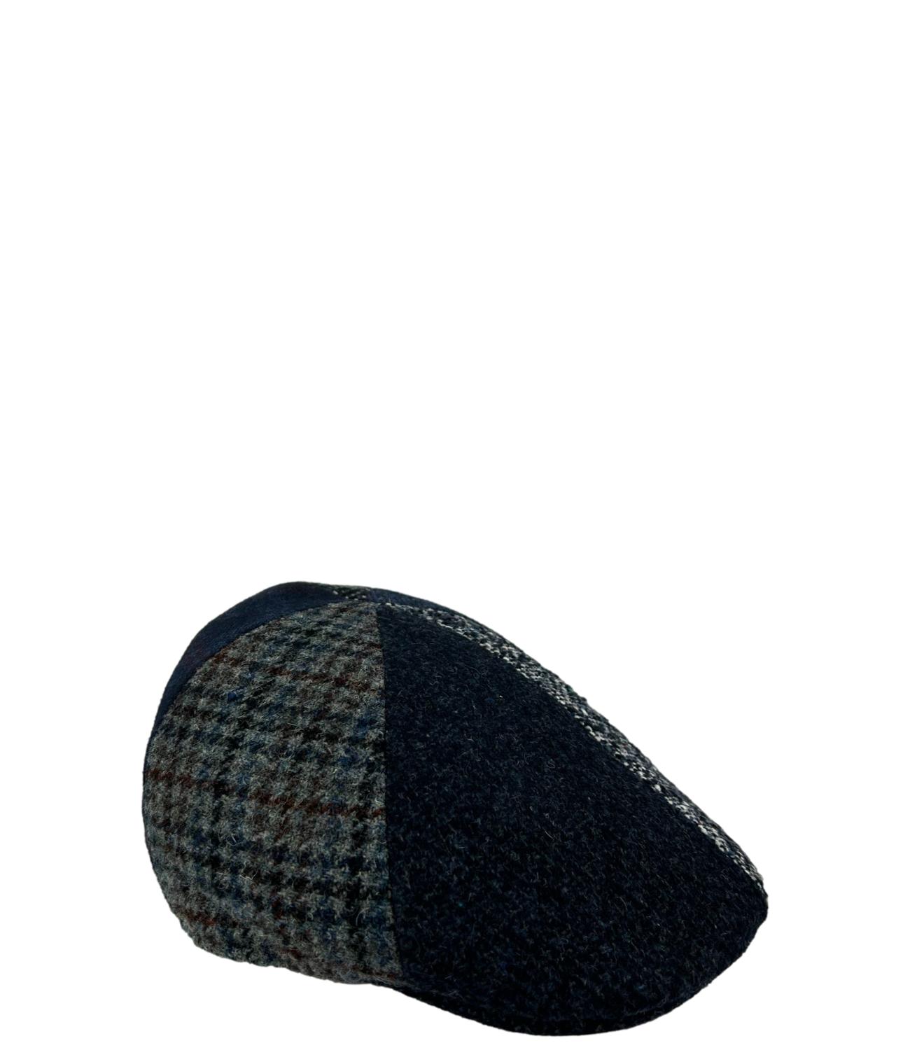 Men's stick cap in blue checked wool and herringbone pattern