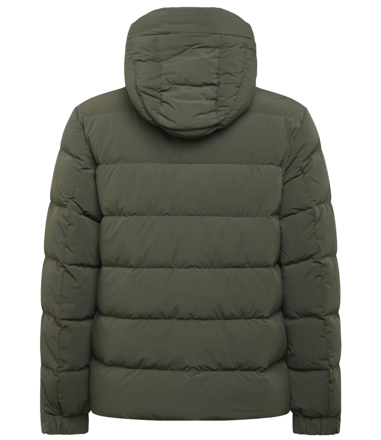 Baka down jacket in soft touch technical nylon with military green lakké effect nylon interior for men