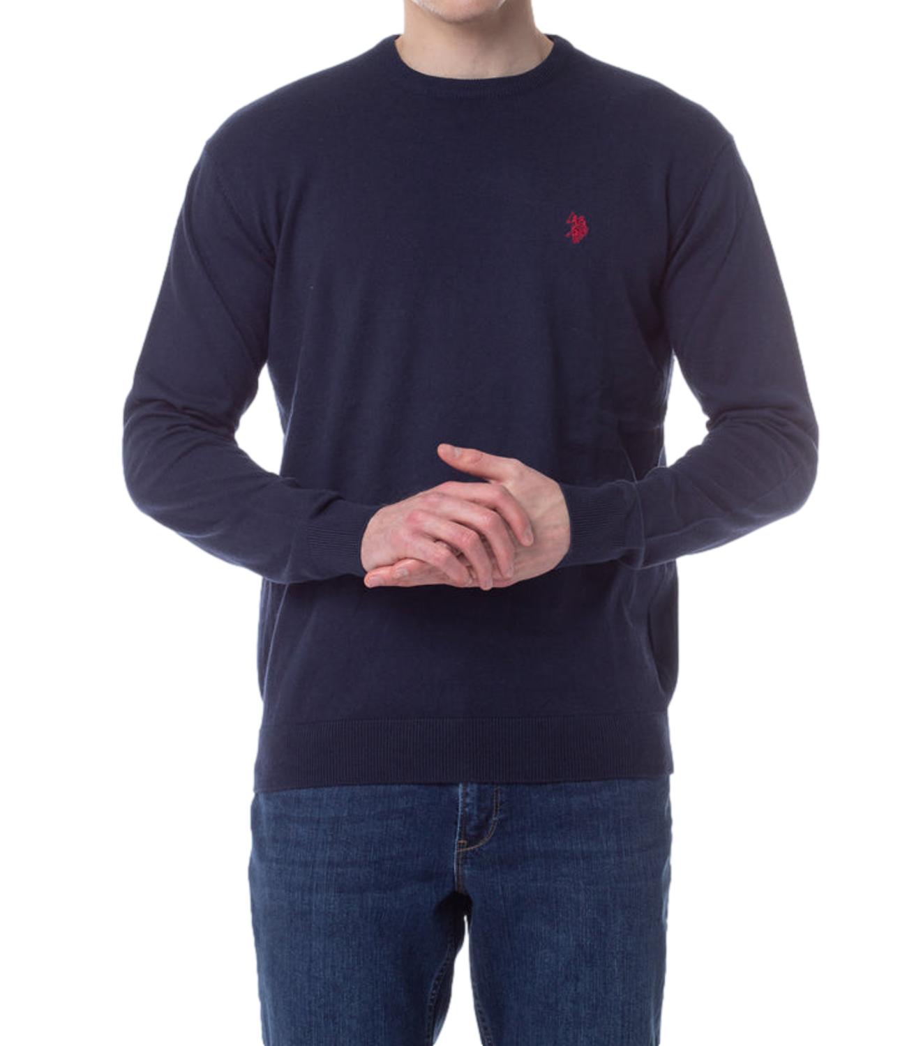 Blue men's sweater with red wool logo