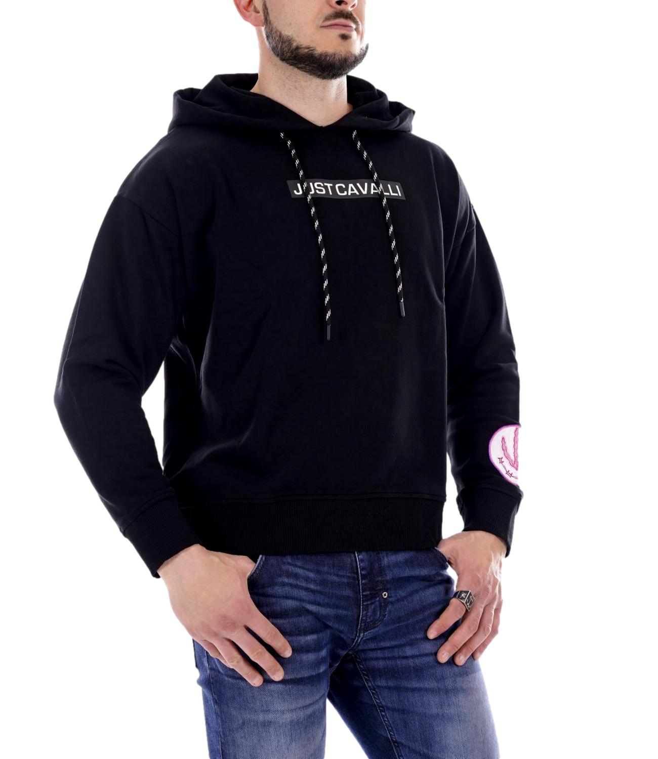 JUST CAVALLI Black Sweatshirt with hood and front logo