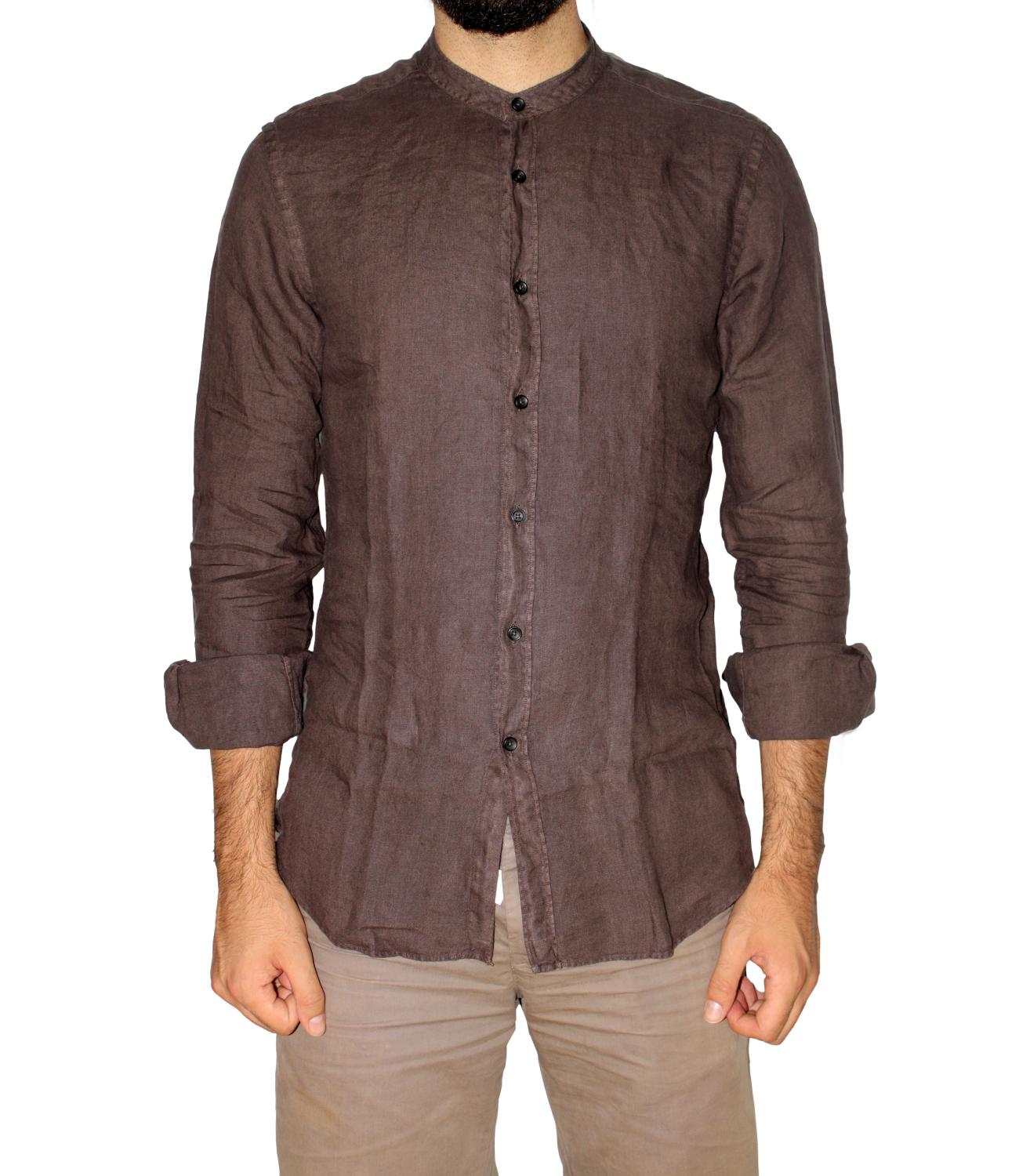 XACUS brown men's linen shirt with mandarin collar