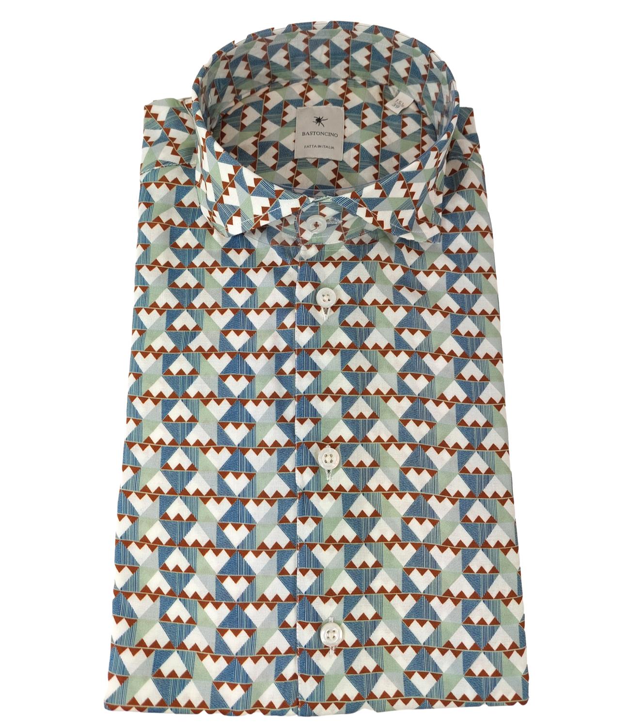 Chemise en coton lin BASTONCINO à motif blanc, marron, vert et bleu avec bouton en nacre