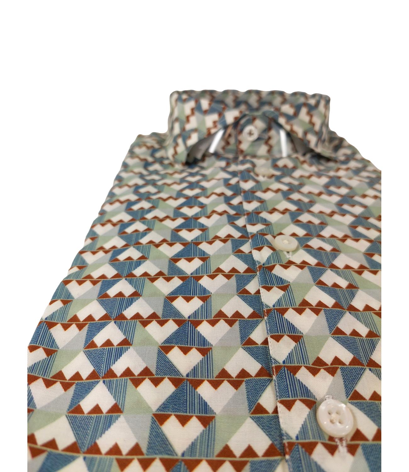 Chemise en coton lin BASTONCINO à motif blanc, marron, vert et bleu avec bouton en nacre