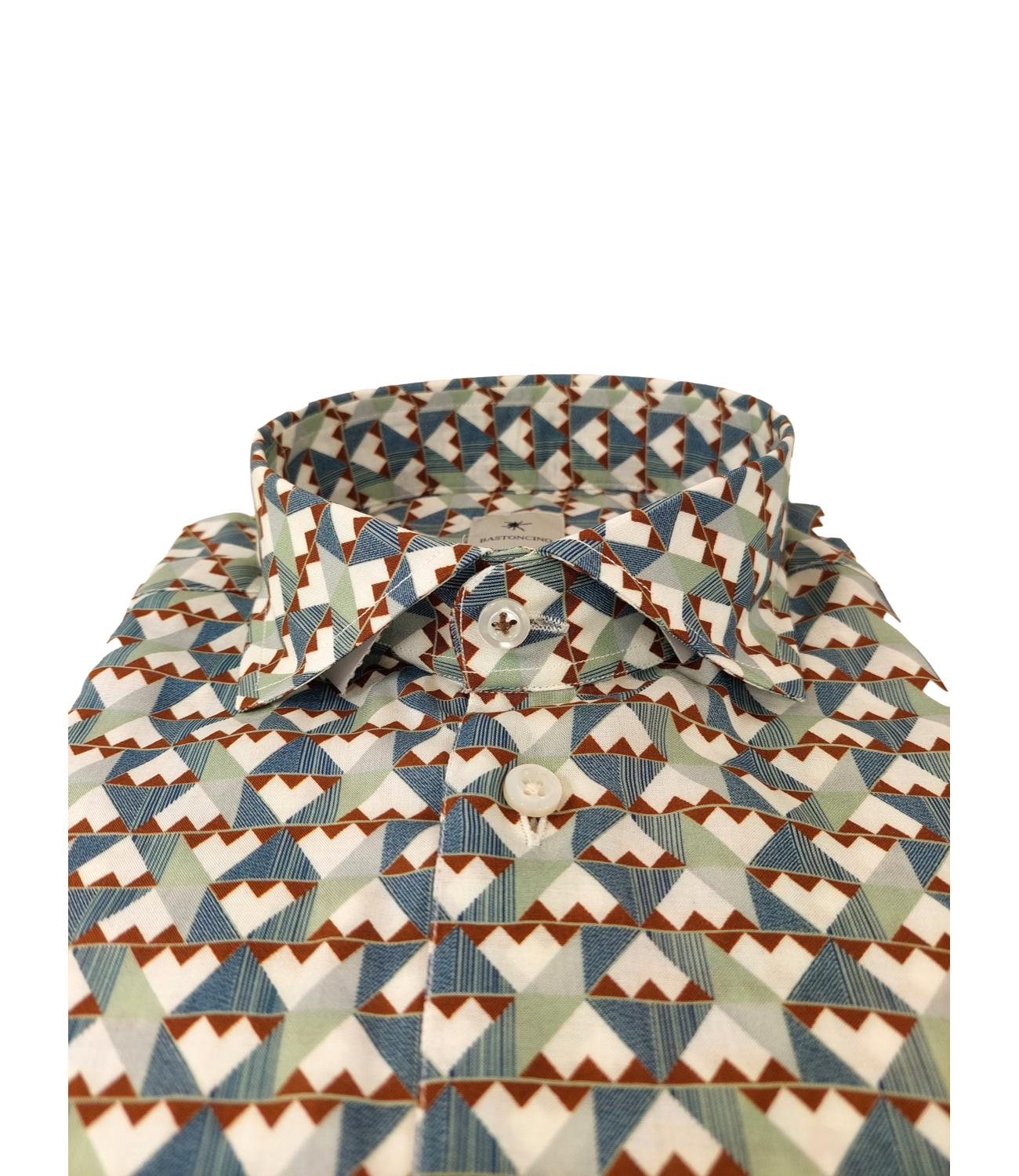 Chemise en coton lin BASTONCINO à motif blanc, marron, vert et bleu avec bouton en nacre