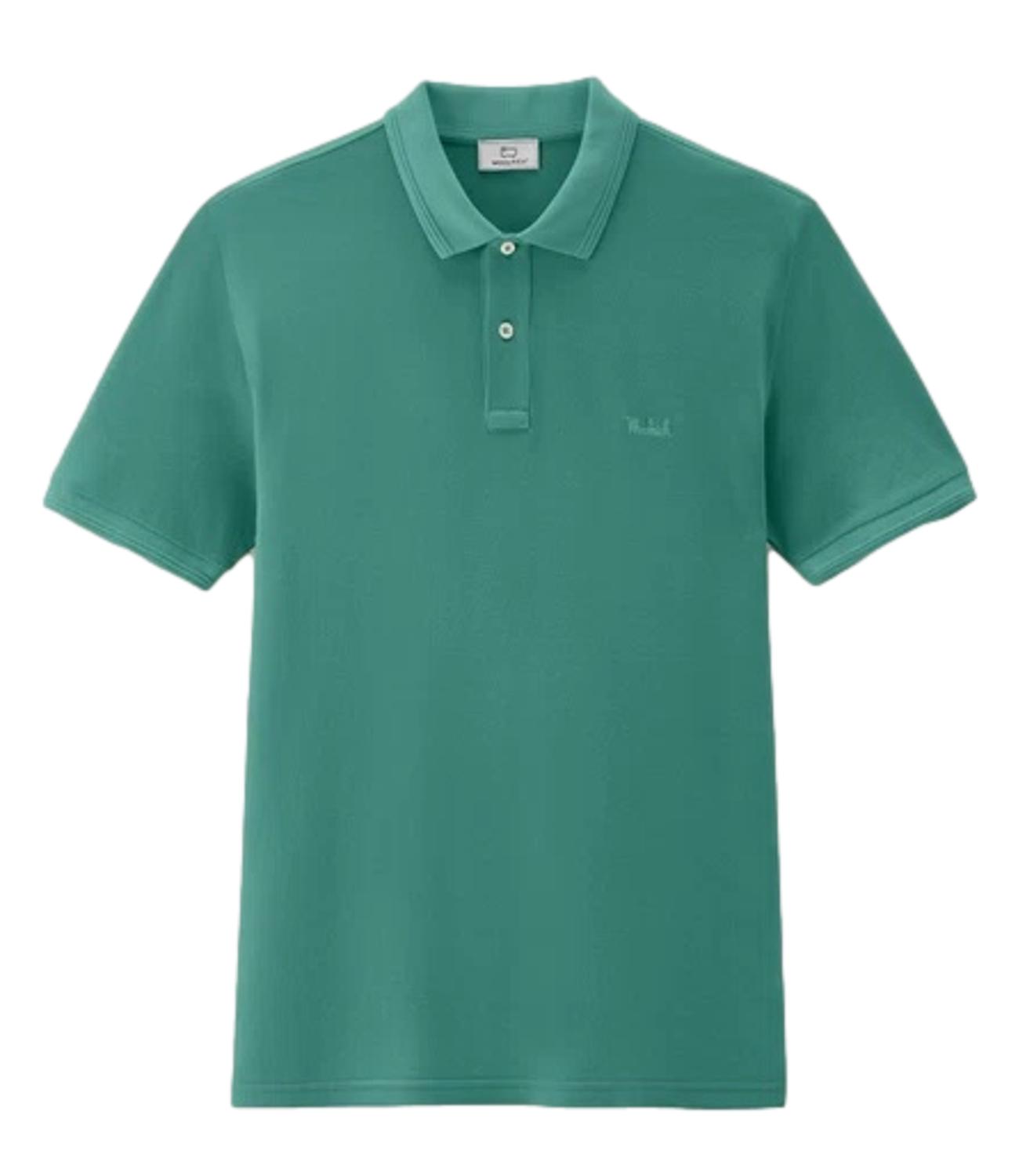 WOOLRICH green stretch cotton piqué polo shirt for men with logo